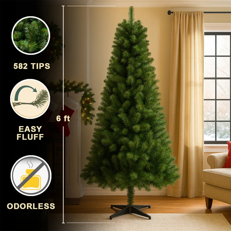6FT Hinged Unlit Artificial Christmas Tree with 582 Tips, Full PVC Branches, Green Holiday Tree with 4-Leg Plastic Stand for Ind