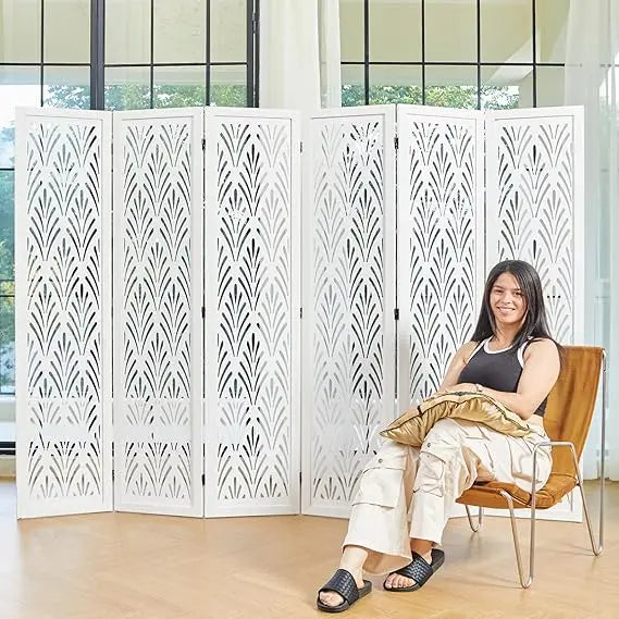 5.6Ft Room Divider Folding Wood Classical Carved Partition Screen for Home Office Garden - 6 Panels (Natural)