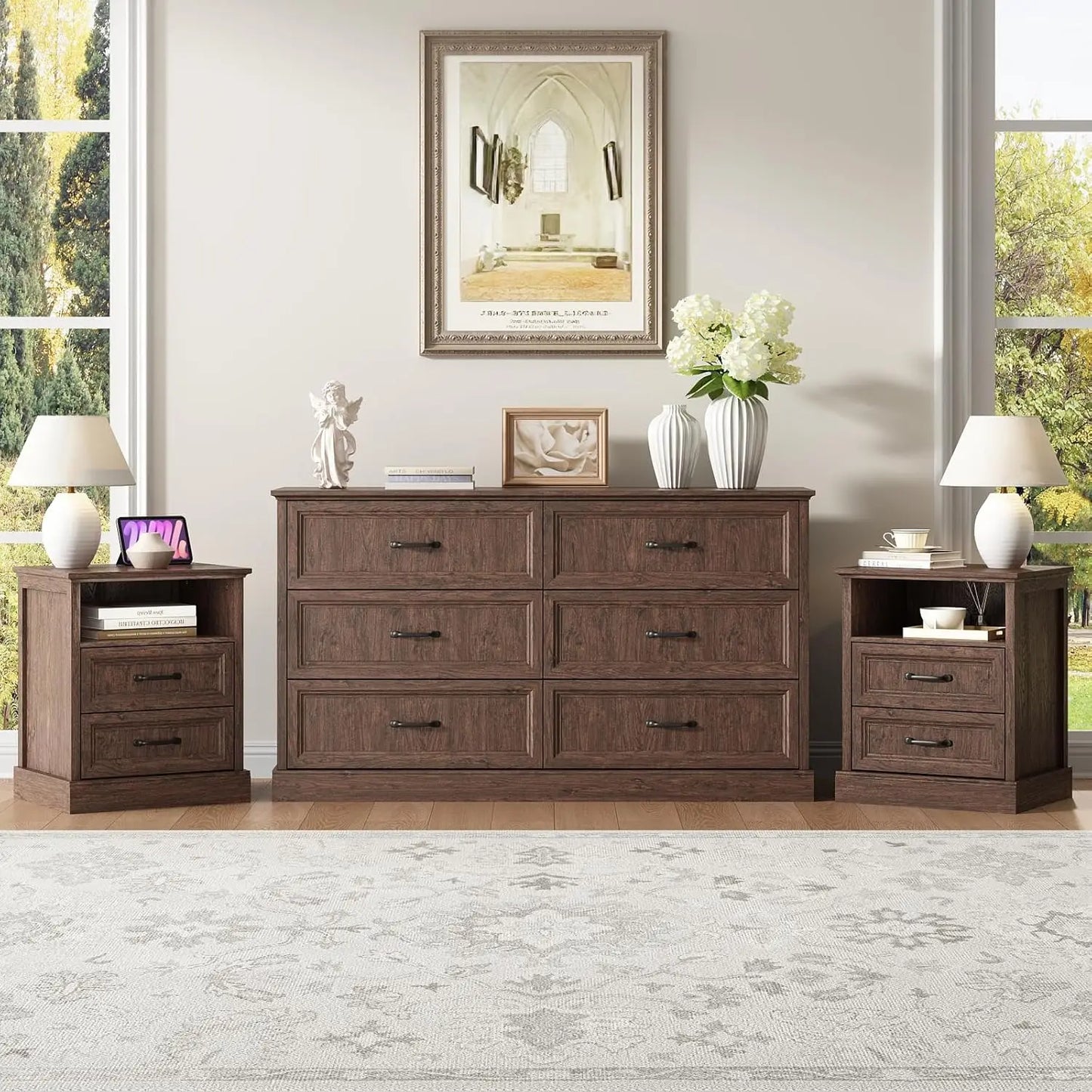 Farmhouse Dresser and Nightstand Sets for Bedroom, 3 Pcs Bedroom Set, 6 Drawer Dresser & Nightstand Set of 2, Modern Wood Chest