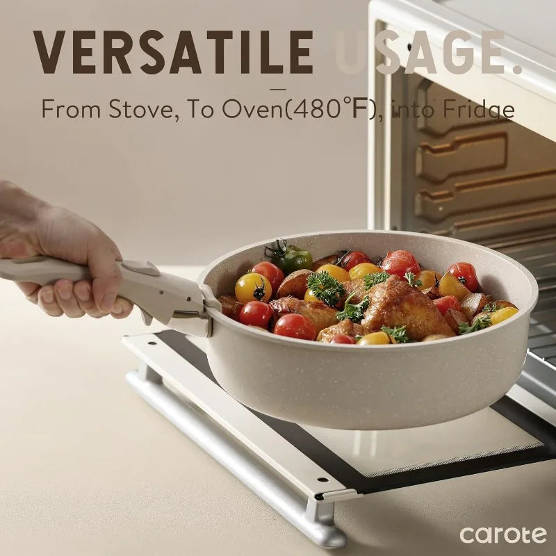 21pcs Detachable Handle Pots and Pan Set, Nonstick Induction Cookware, Removable Handle, RV Oven Safe Cookware, Taupe