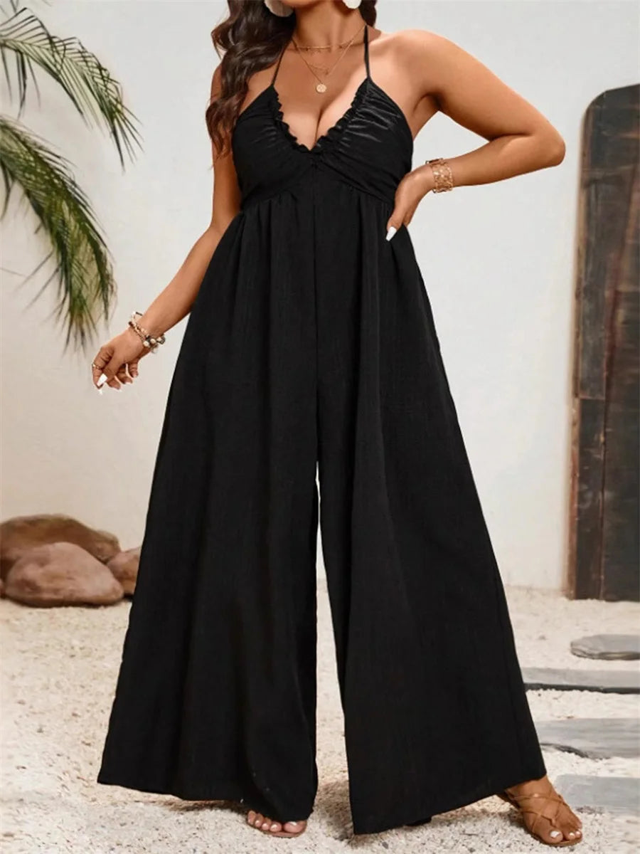Women Plus Size Rompers Solid Color Sleeveless Halter Neck V-Neck Tie-Up Wide-Leg Jumpsuits Overalls for Summer Fashion