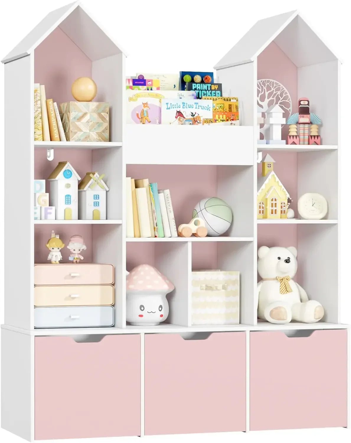 Toy Storage Organizer with Castle RoofLarge Kids Bookshelf Dollhouse with 3 Movable Drawers and 9 Storage Cubbies Toy Organizers