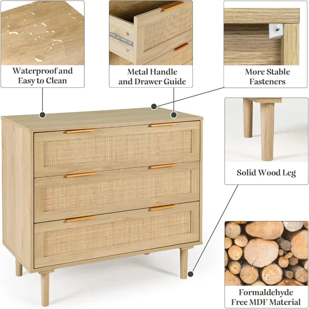 Large 3-Drawer Rattan Nightstand—Modern Wood Bedside Table for Queen & King Bedrooms