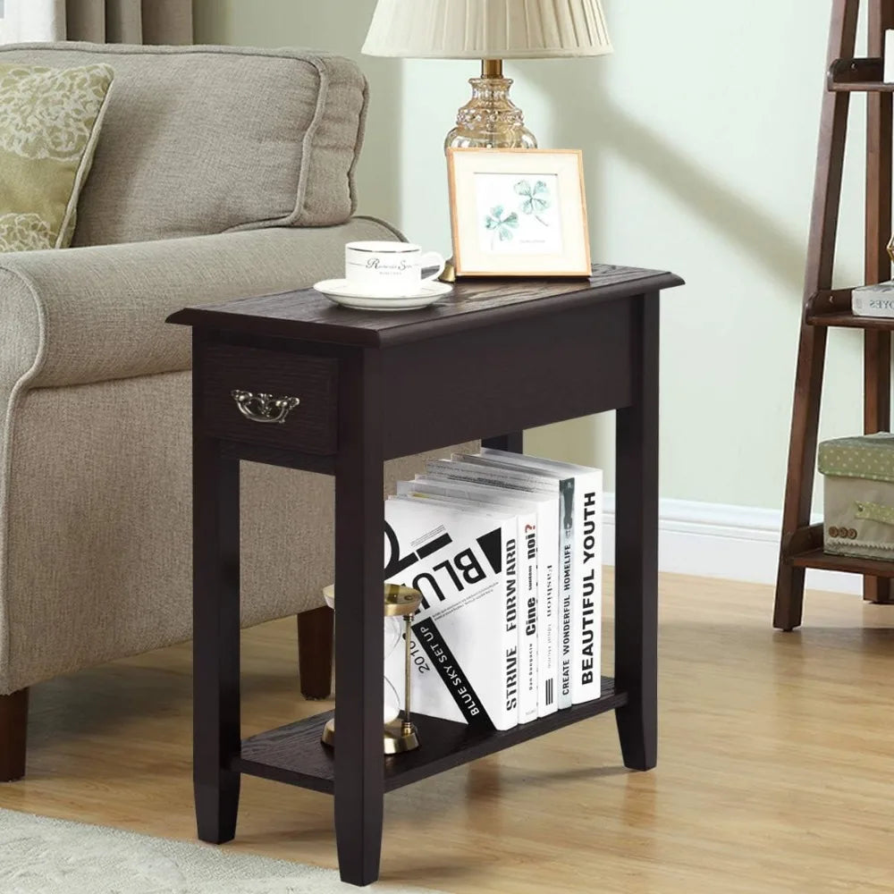 Narrow End Table, Slim Side Table with Drawer and Open Shelf, Small End Tables for Small Spaces, Narrow Nightstand Bedside Tabl