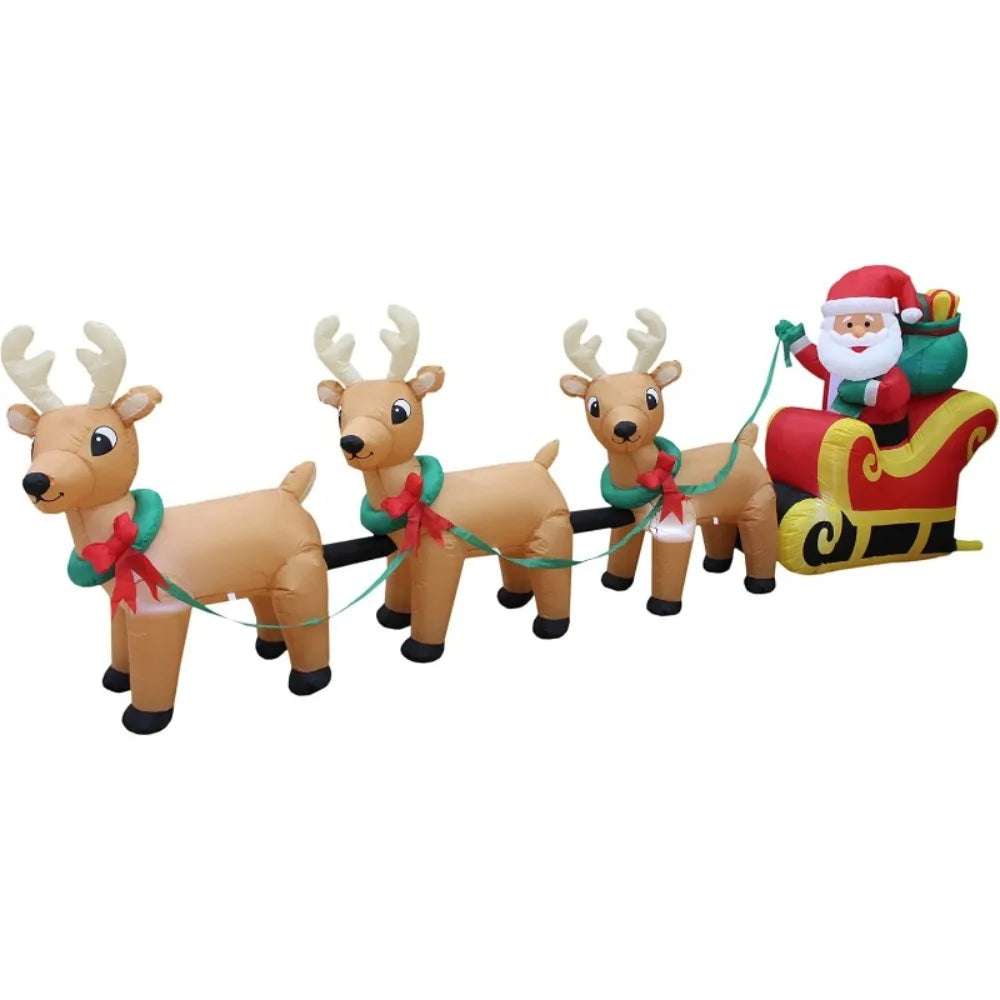 Hot Sale.12 Foot Long Lighted Christmas Inflatable Santa Claus on Sleigh with 3 Reindeer and Christmas Tree Yard Decoration-NEW