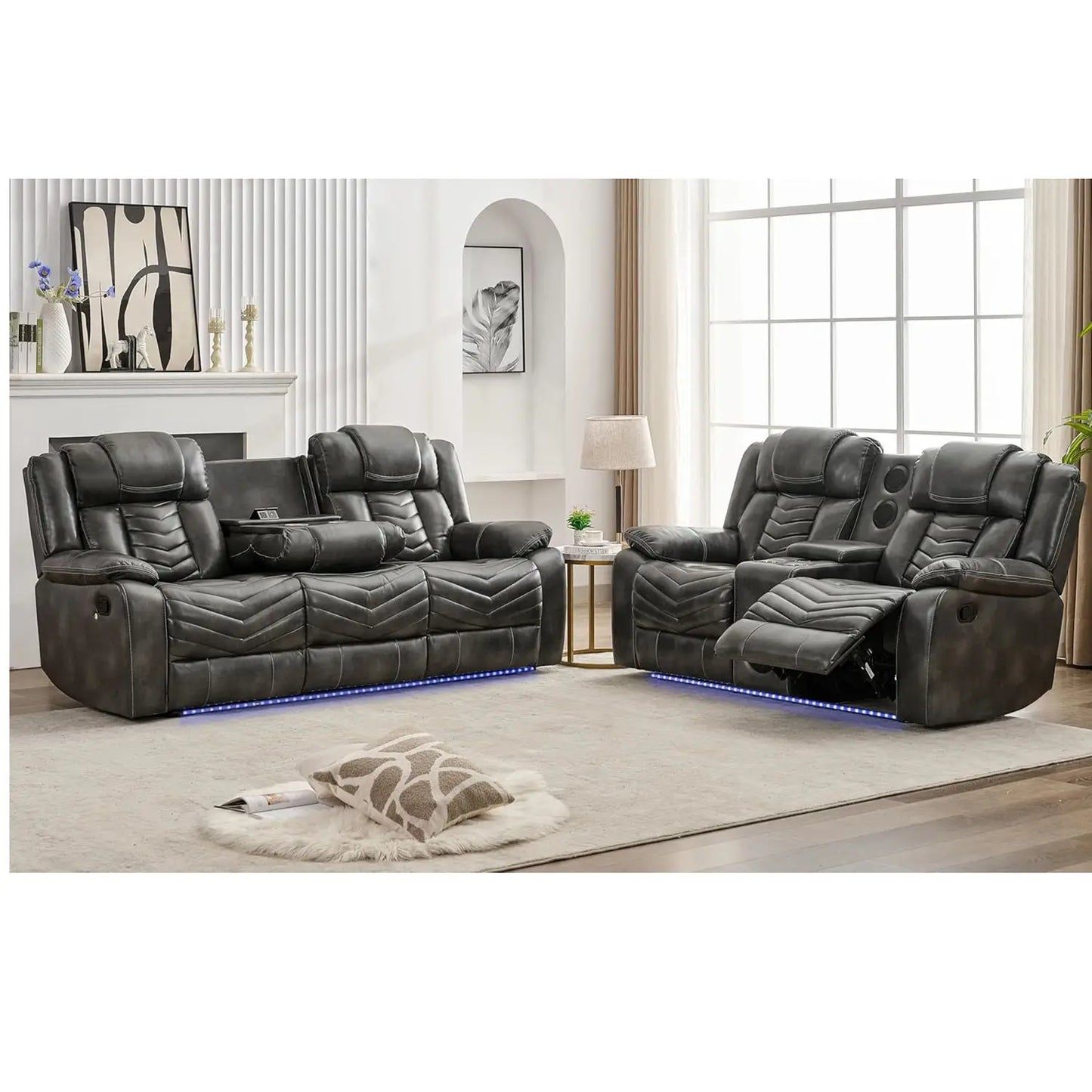 2-Piece Manual Recliner Sofa Set w/ Wireless Charger, Bass Speakers, LED Lights,Faux Leather Reclining Couch for Living Room