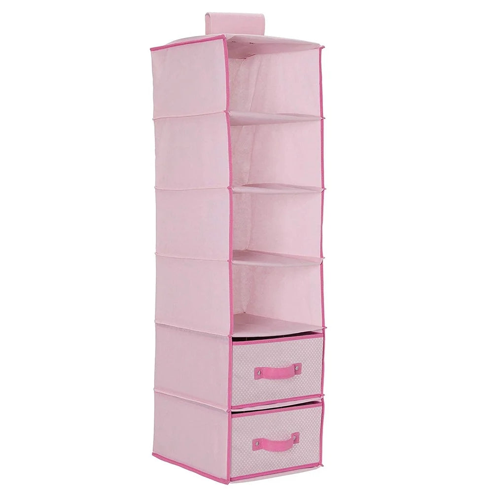 6-Shelf Hanging Storage Organizer with 2 Removable Drawers Baby Clothes Toys Nursery Essentials Vertical Space Saver