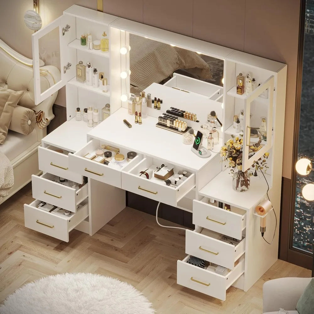 58.3" Makeup Vanity Desk with Charging Station, Dressing Table with Mirror & Lights, 3 Lighting Modes Adjustable Brightness,