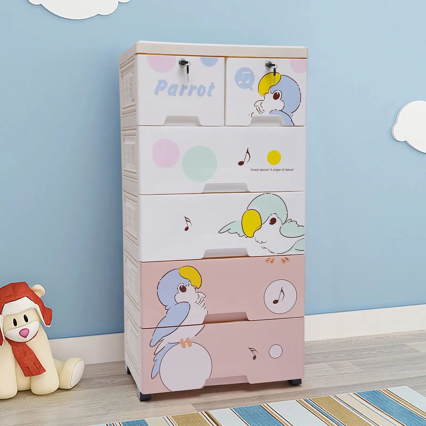 Kids Plastic Dresser – 6 Drawers, Parrot Pattern. 66Lbs Load, Lockable Drawers. For Nursery/Kids Room, Easy To Move & Clean
