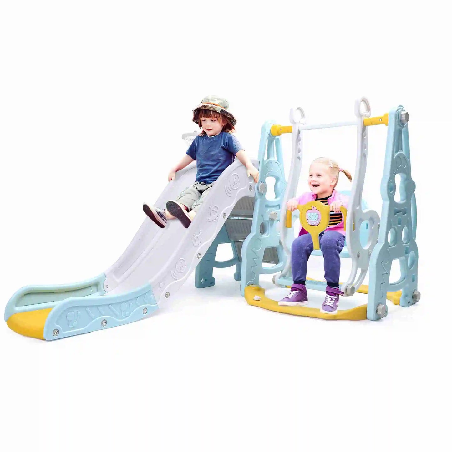 4 In 1 Toddler Playground Set Swing Slide Climber Basketball Hoop Backyard Indoor Playset for Boys and Girls Blue