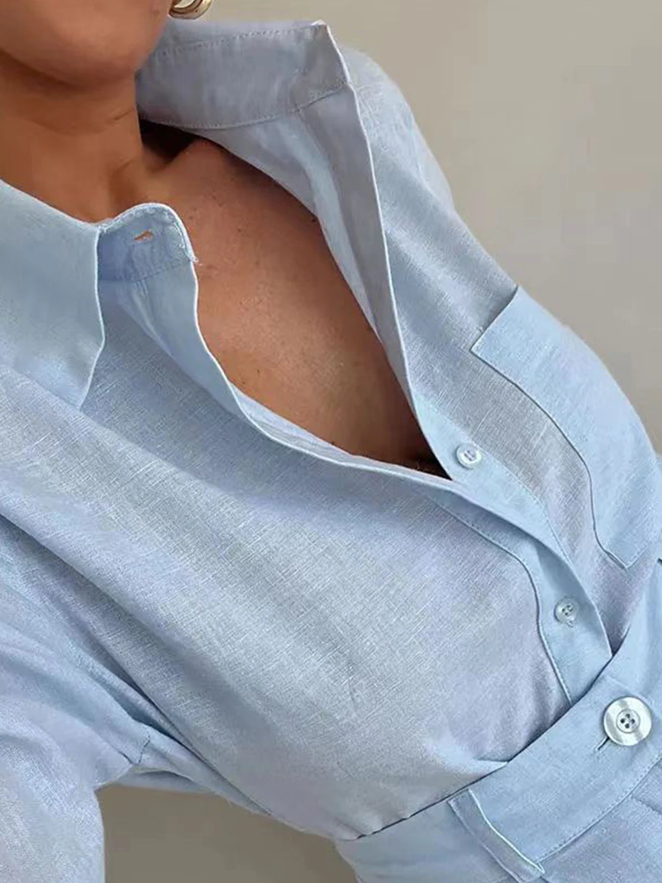 Women's Summer Elegant Two-Piece Set, Long Sleeved Lapel Shirt and Slim Fit Shorts, Comfortable Fit, Essential Summer Outfit