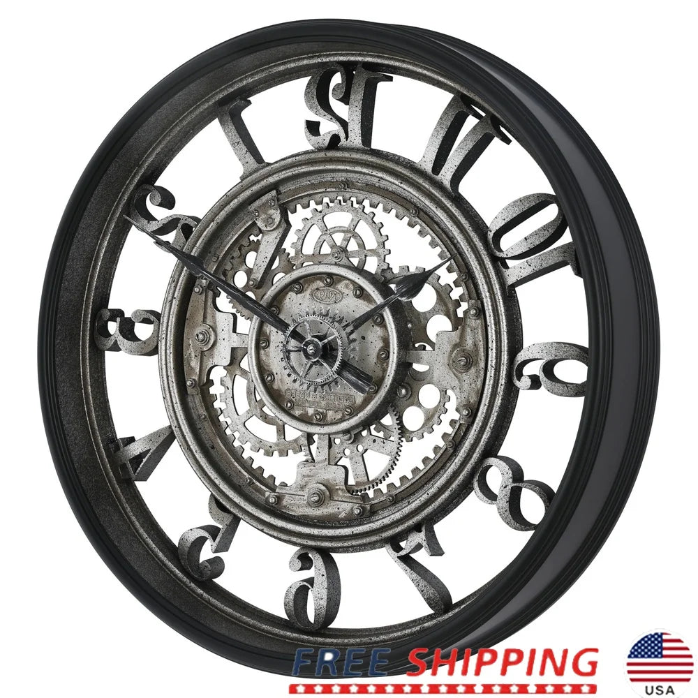 20 Inch Indoor Rustic Metal Arabic Analog Wall Clock with Moving Gears Lightweight Quartz Movement Home Decor Battery Operated