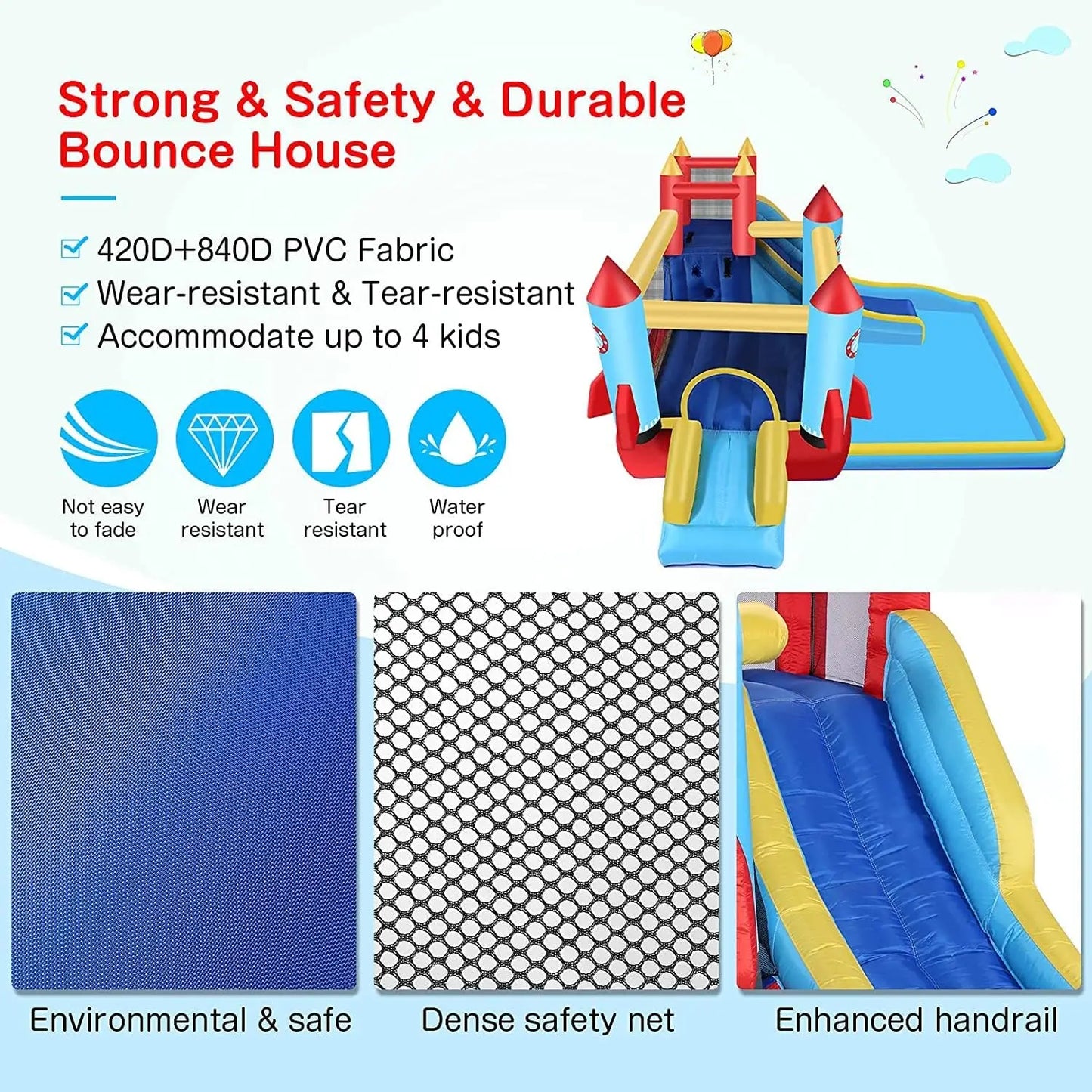 Bounce House,Inflatable Bounce Castle with Blower for Kids 3-12,Outdoor/Indoor Bouncy House Water Park for Backyard with 2 Splas