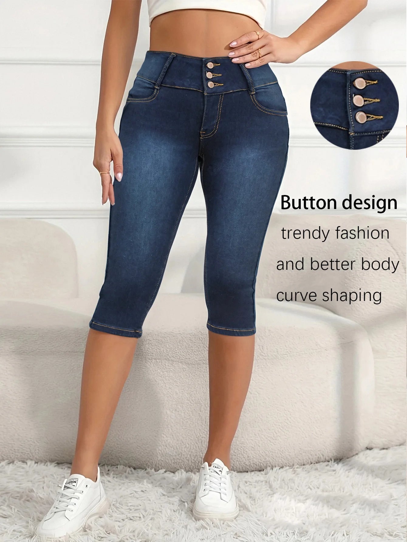 Women's High - Waist Stretch Denim Capri Jeans with Triple - Button Closure
