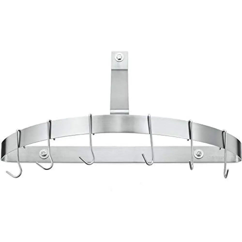 Brushed Stainless Steel Wall-Mount Pot Rack with Angled Hooks and Hardware