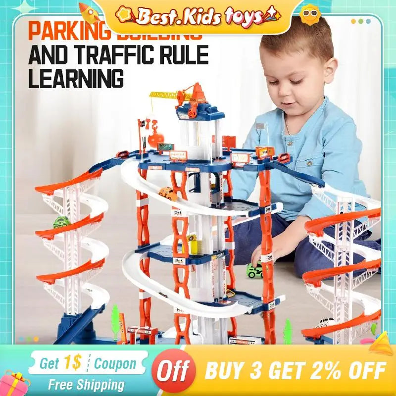 Children's Rail City Parking Building Double Slide Car DIY Construction Track Parking Lot Puzzle Splicing Kids Toys Boys Game