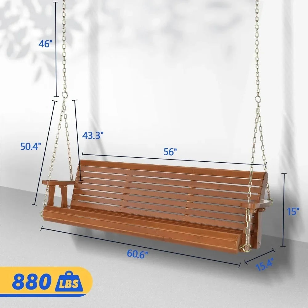 Upgraded wooden porch swings for courtyards and gardens, heavy-duty 880 pound outdoor swing benches with hanging chains