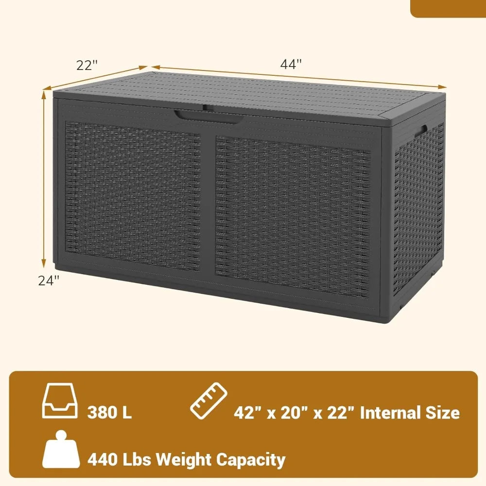 100 Gallon Outdoor Storage Box, Lockable Outdoor Storage Bench with 2 Smooth Wheels, Faux Rattan Surface, Waterproof Resin Deck