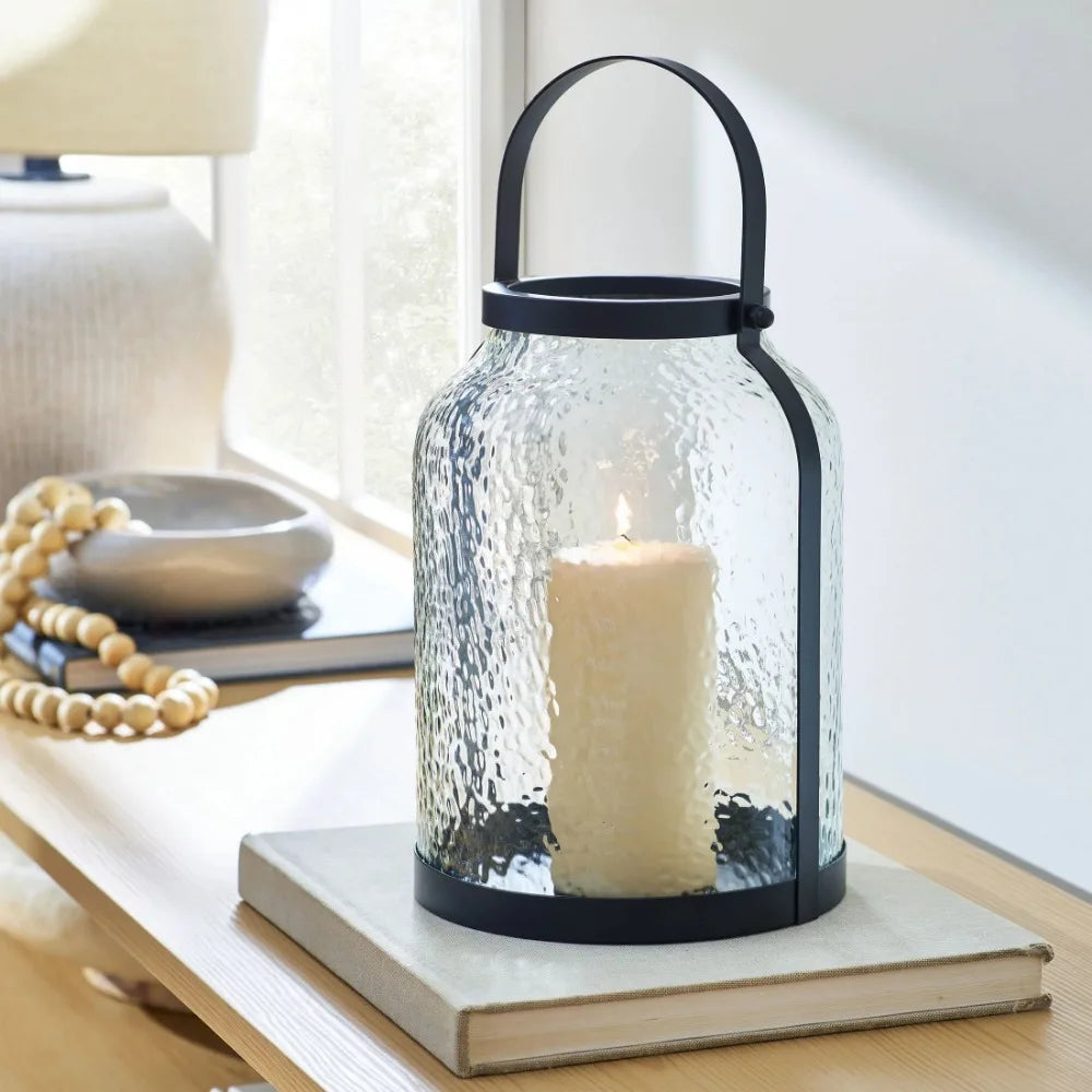 Black Metal Hammered Glass Candleholder Lantern, 11", Large