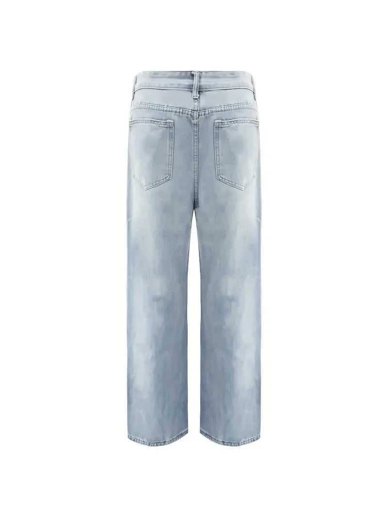 Men'S Vintage Washed Blue Loose Fit Jeans - Casual Straight Leg Denim Pants with Zipper Fly, All-Season Comfort, Mid Waist, Casu