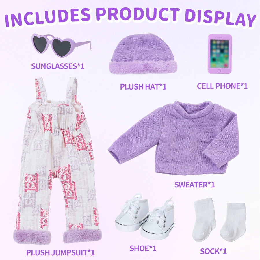 18Inch/45CM Purple Clothing Doll Plush Hat Sunglasses Rompers Rebirth Doll Toy Simulation Dress Up Party Soothing Doll Girl Gift