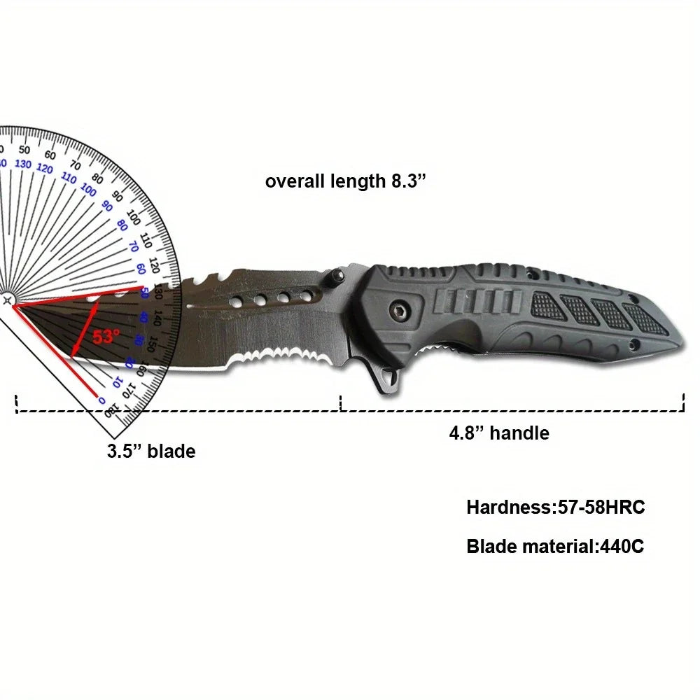 Tactical Folding Knife with Serrated Blade, Glass Breaker & Bottle Opener, EDC Pocket Knife for Men, Outdoor Survival Camping