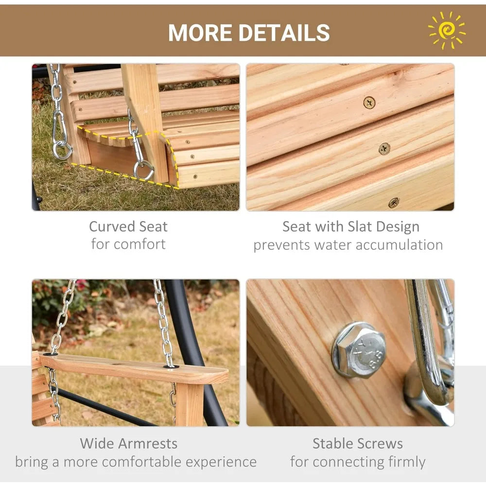 3-Seater Wooden Porch Swing, Patio Swing Bench with Folding Coffee Table, Cup Holders and Chains Included, 440lbs Weight Capaci
