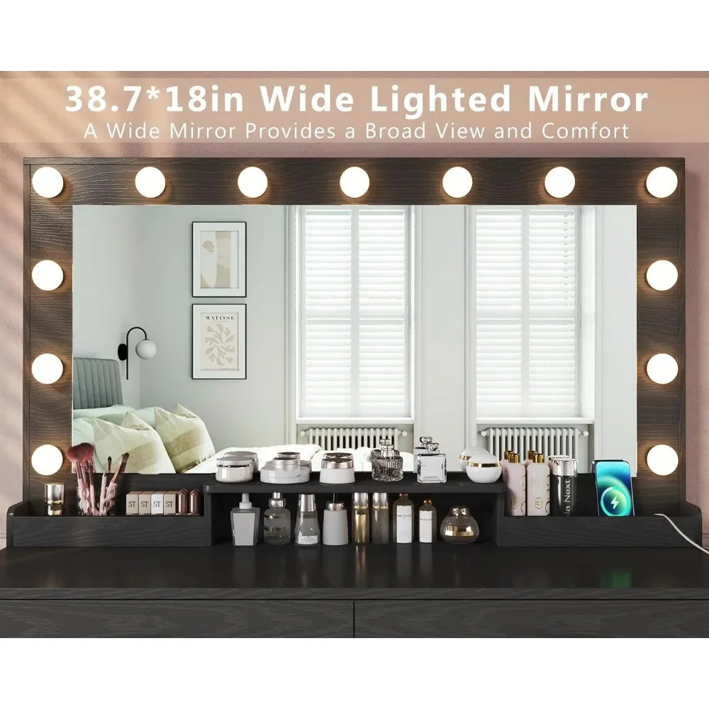 Makeup Vanity Desk with Lights,Desk with Large Mirror, Vanity with Outlets Large Drawers & Storage, 3 Lighting Color