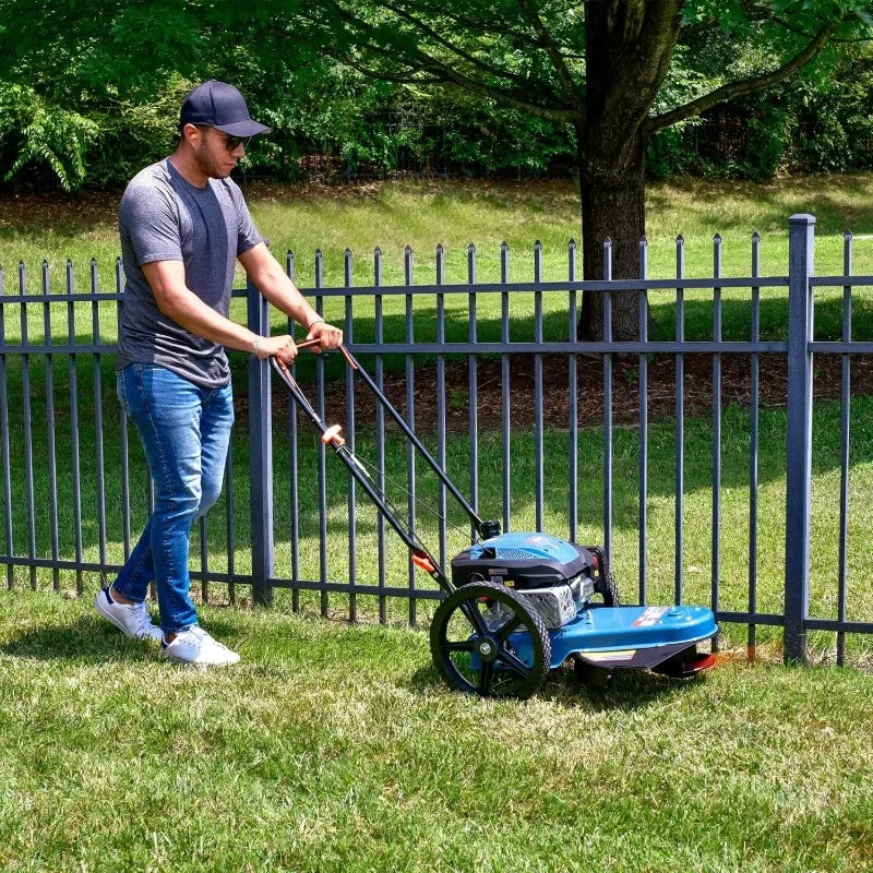 NEW High Wheel Gas Walk Behind Brush Cutter and String Trimmer, 22-Inch Swatch with .14" Rubber Wheels, Adjustable Height (STMG