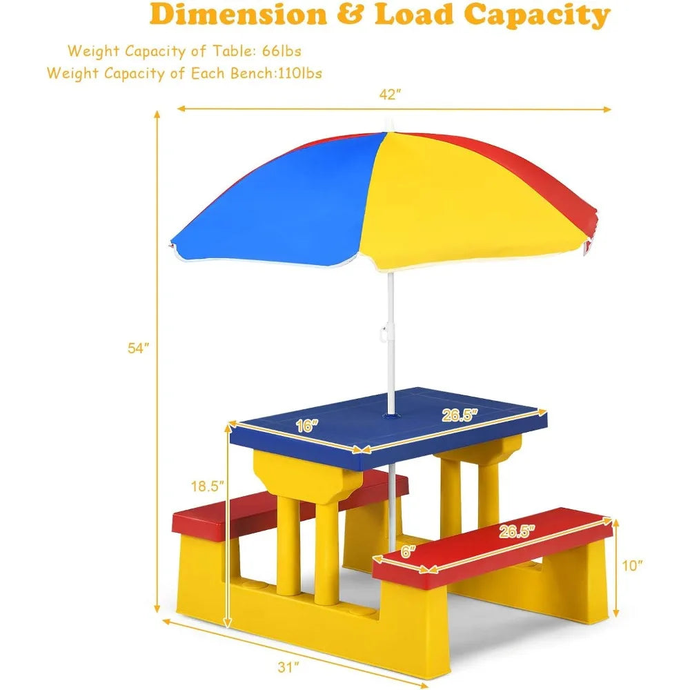 Kids Picnic Table, Toddler Plastic Outdoor Table & Bench Set with Umbrella, Children Patio Furniture Set for Backyard Garden