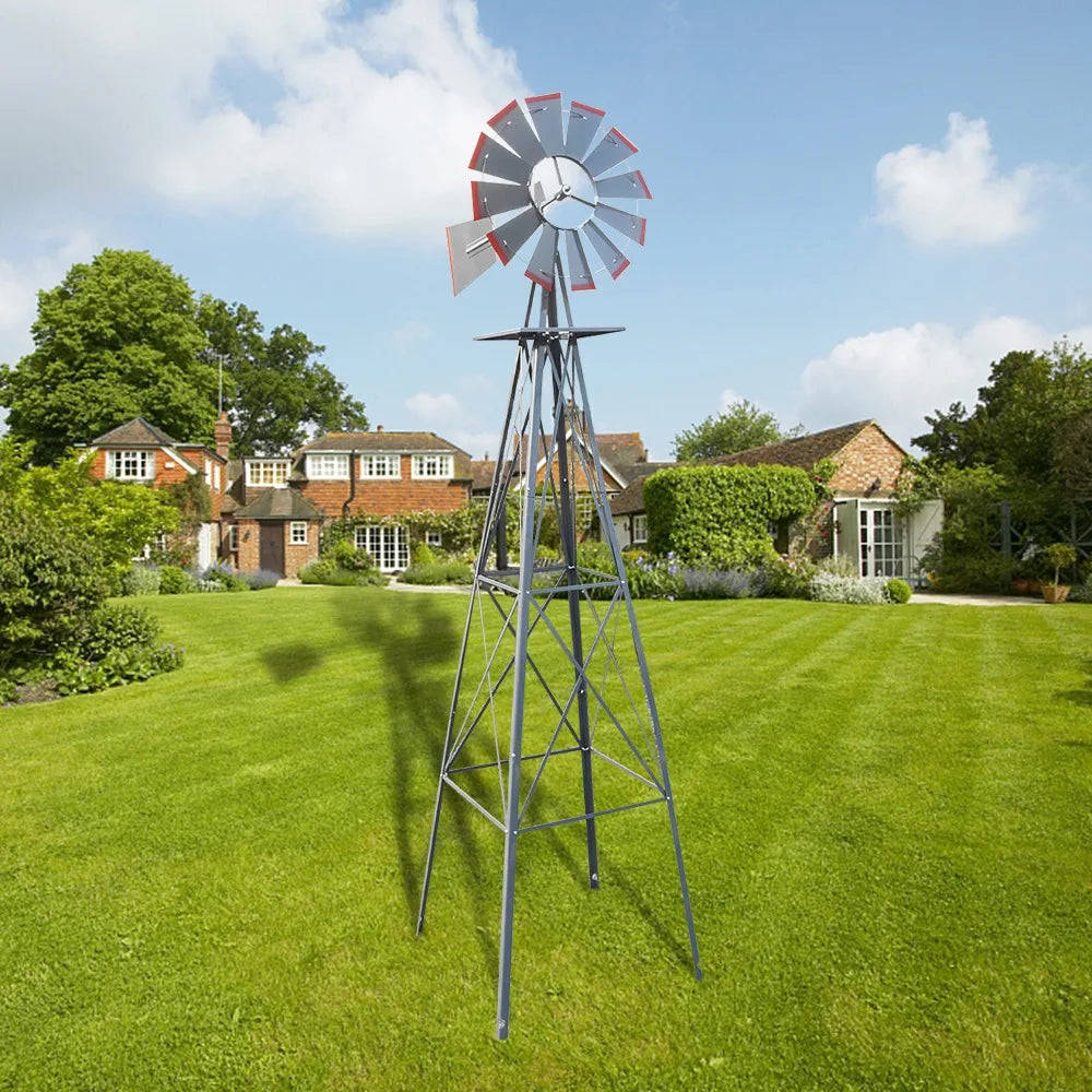 8FT Weather Resistant Yard Garden Windmill Gray & Red Garden Decoration Outdoor Patio Decoration