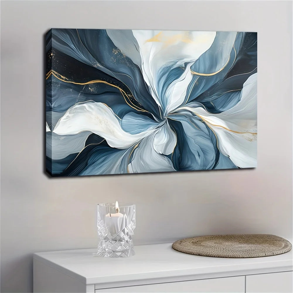 1 piece of modern abstract watercolor canvas art - 24x36 inch modern decorative frame with swirls of blue, white and gold