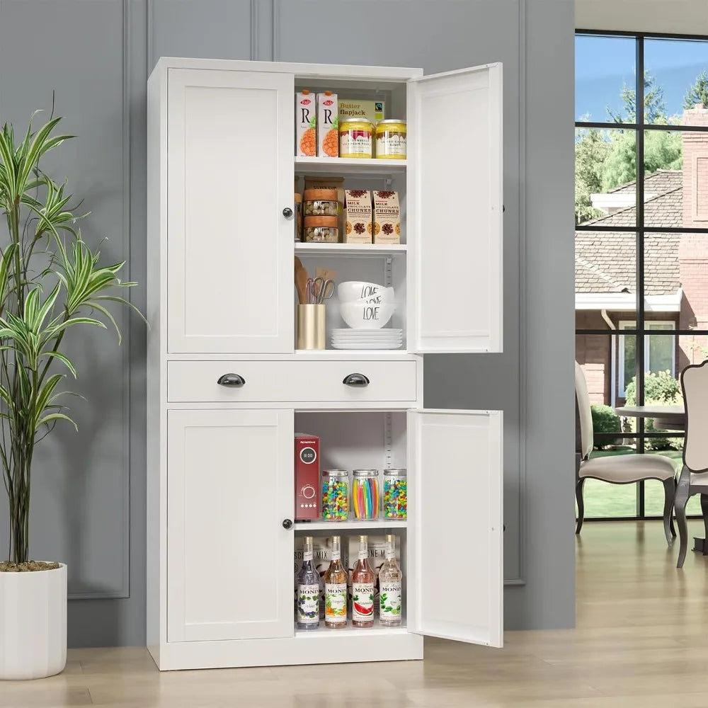 71” Food Pantry Storage Cabinet with Drawer,White Metal Kitchen Cupboard Cabinet with Doors and Adjustable Shelves