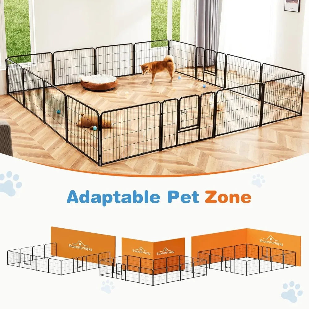 Dog Playpen Indoor - Pet Fence Exercise Pen for Yard Gate 16 Panels Foldable Puppy Playpens with Doors Metal Dog Pen