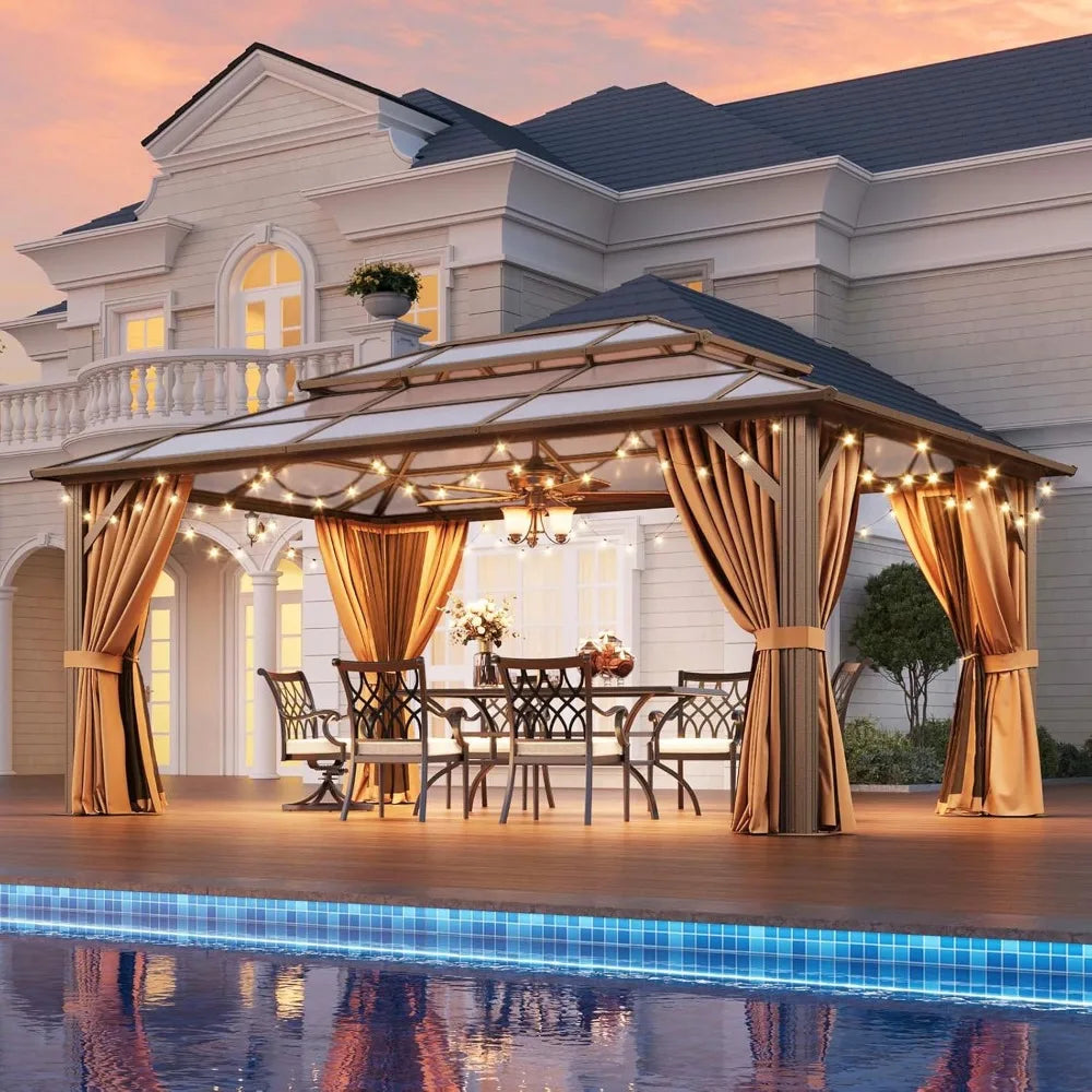12'x16' Hardtop Gazebo, Aluminum Frame Permanent Pavilion with Netting and Curtains, Outdoor Polycarbonate Double Roof
