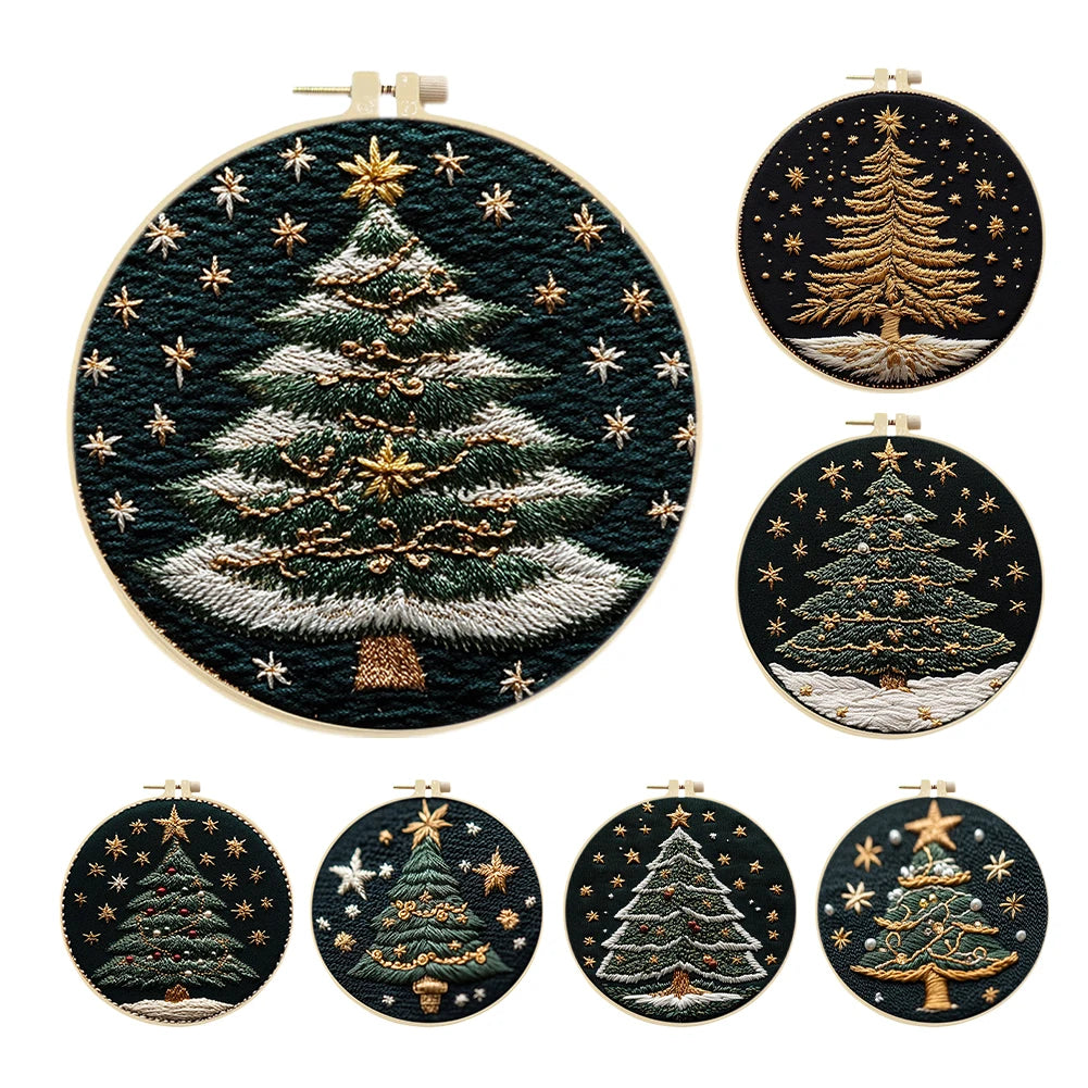Christmas Tree Stamped Cross Stitch Embroidery Kits with Hoop Cloth Color Thread