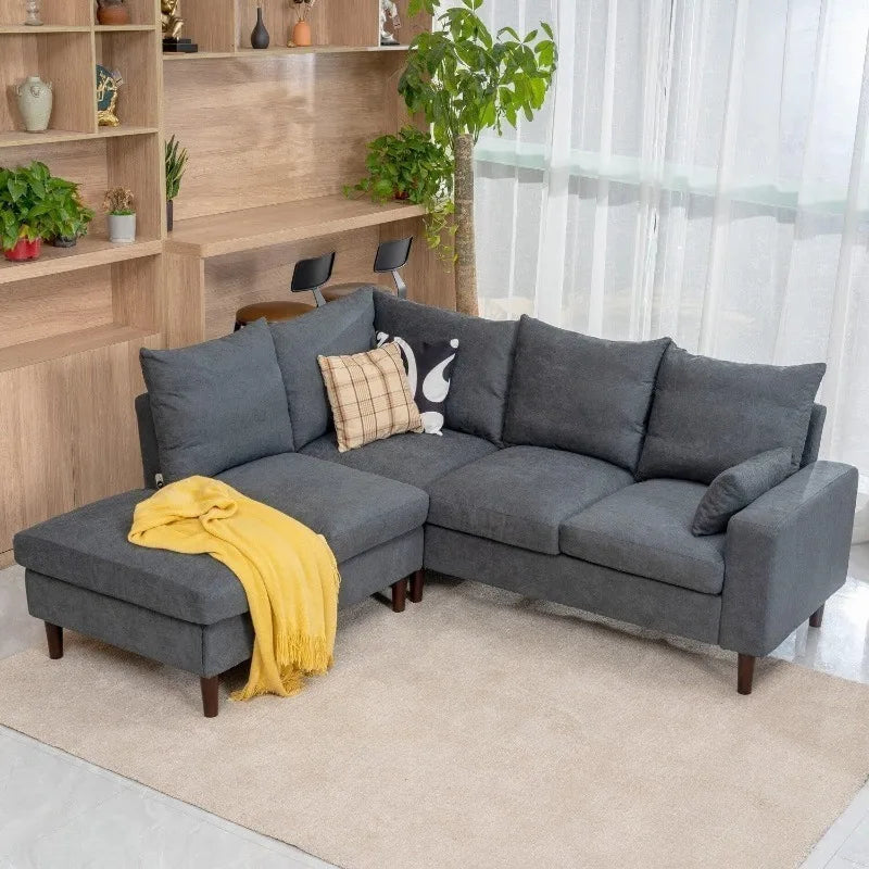 Convertible Sectional Sofa Couch, L-Shaped Corner Couch 4-Seat Sofa withBuilt-in USB Charging Port Chaise, Modern Linen F