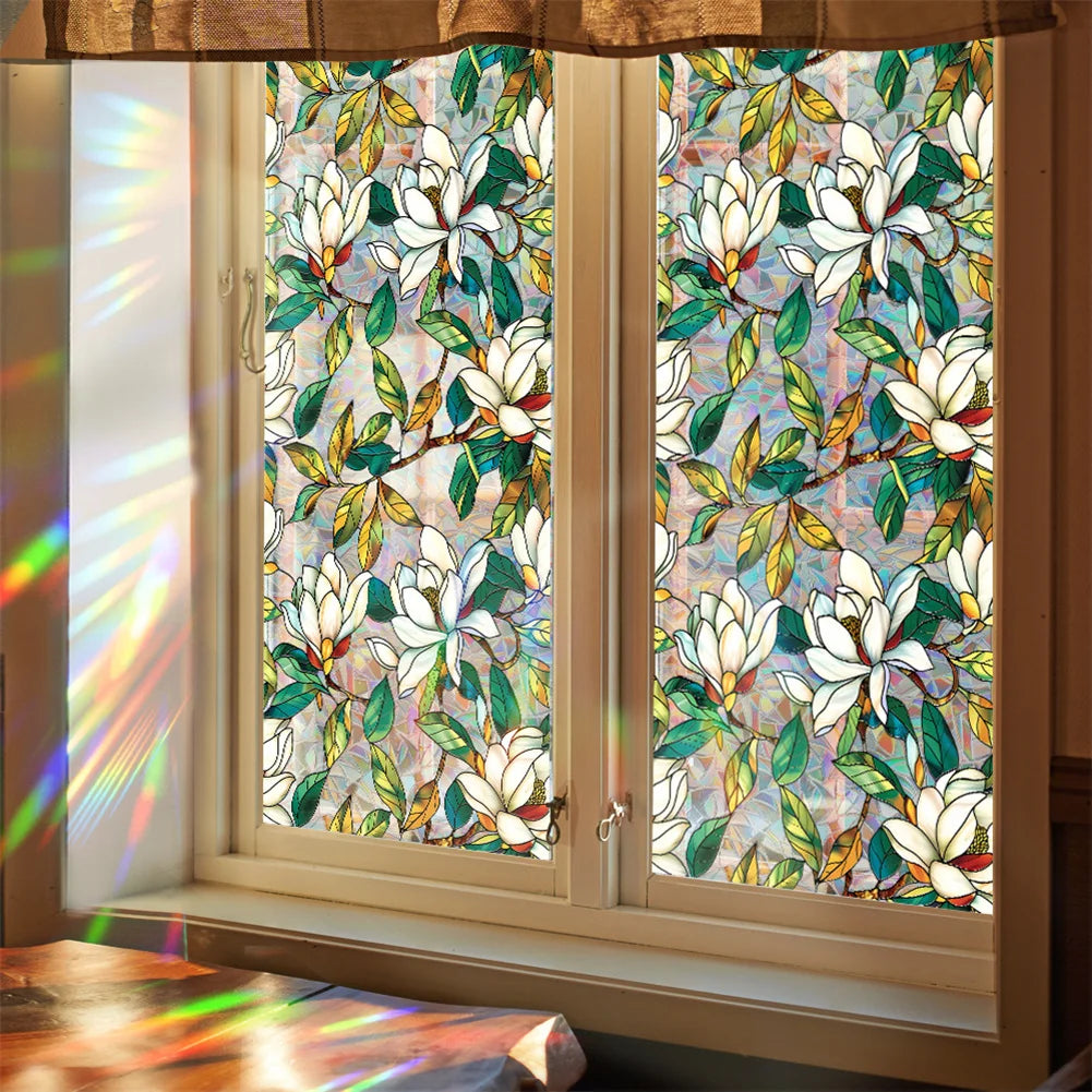 Static Cling Decor Window Film, Vivid Plant Flower Stained Glass Window Decals Sticker Sunscreen Window Clings For Room Kitchen