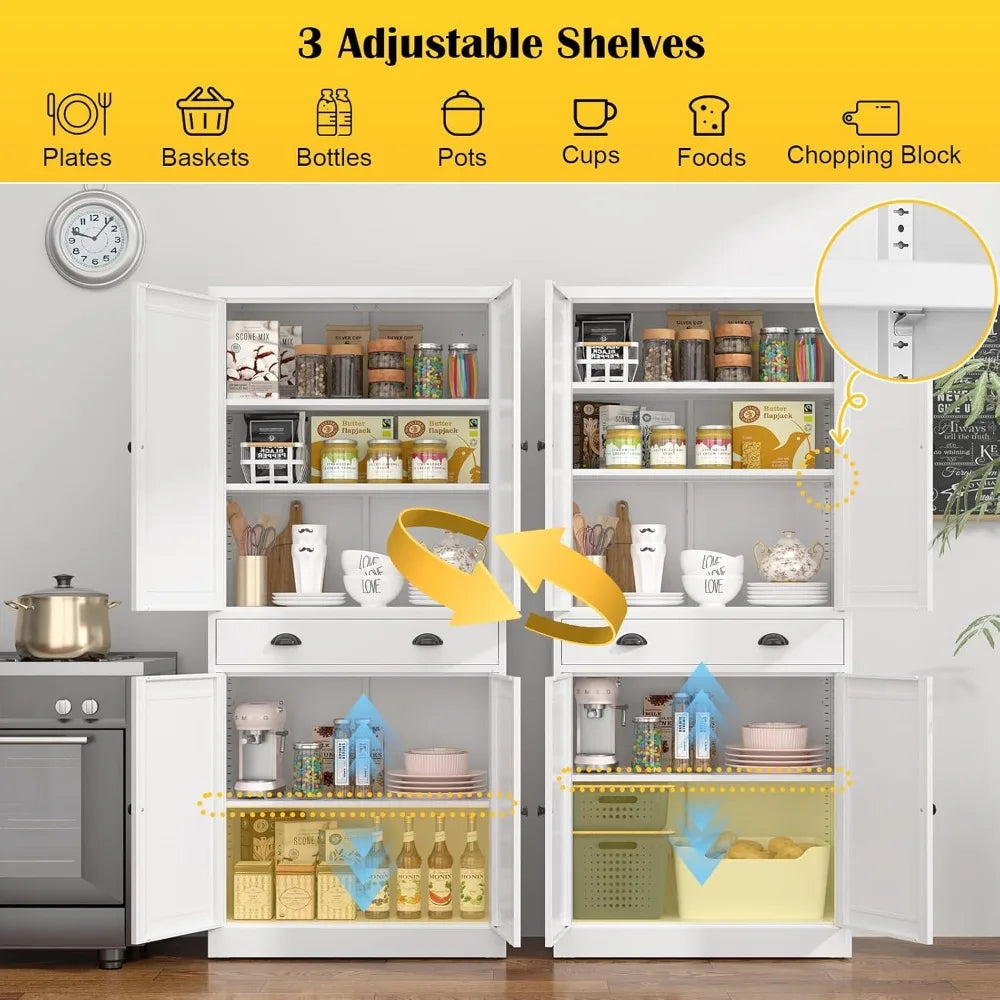 71” Food Pantry Storage Cabinet with Drawer,White Metal Kitchen Cupboard Cabinet with Doors and Adjustable Shelves