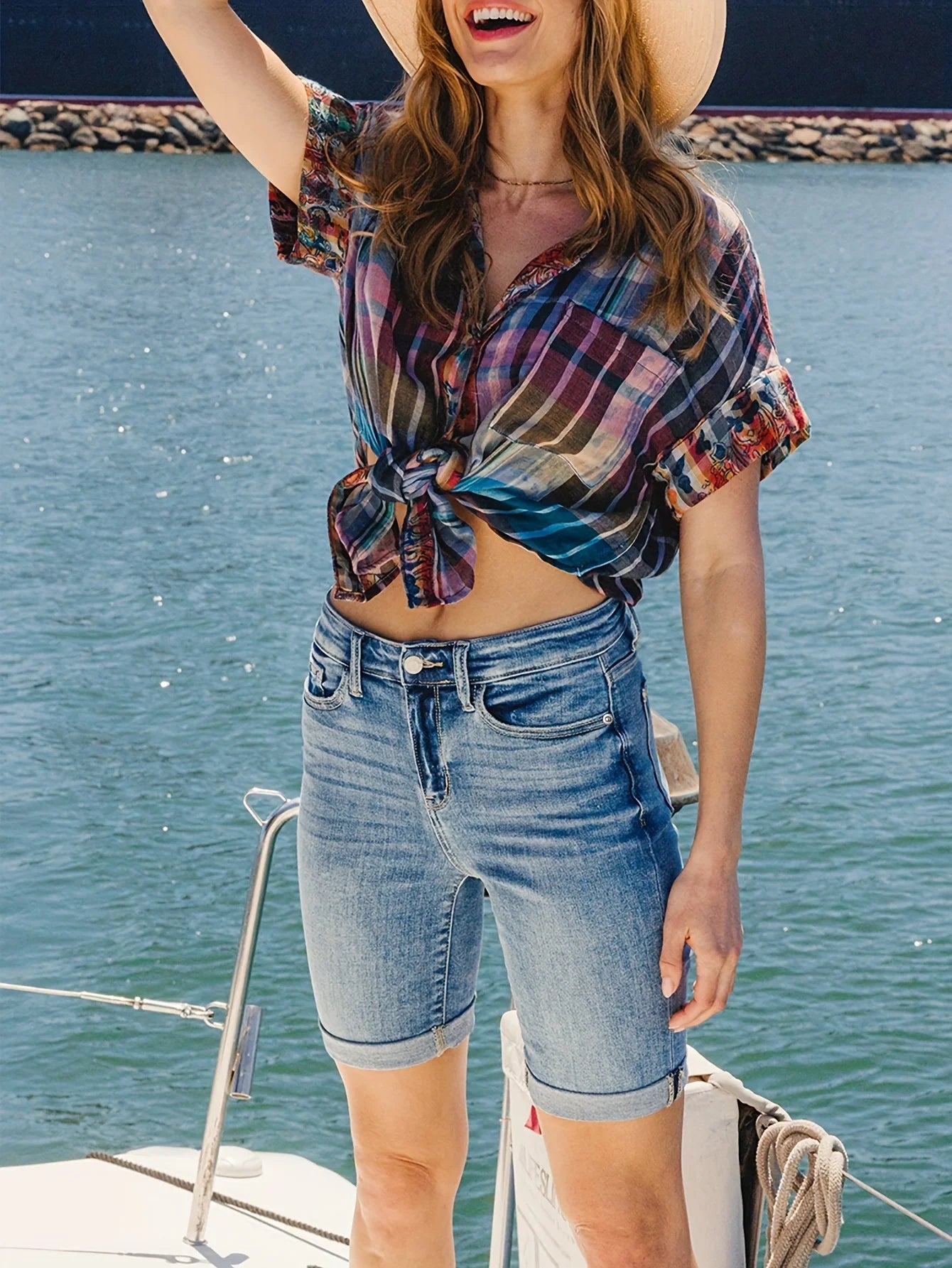 Summer New Women's Mid-Waist Denim Shorts Elastic Straight Slim Jeans Curled Design Shorts