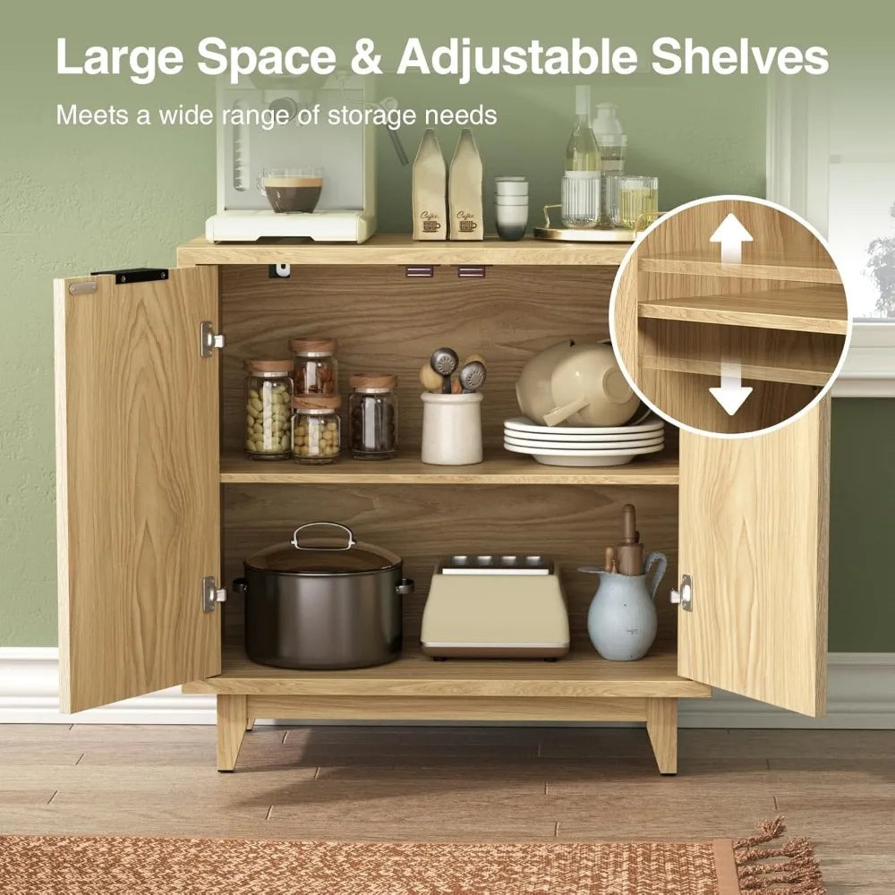 Fluted Cabinet with Storage, 2 Doors Sideboard Buffet, Mid Century Modern Accent Cabinet with Adjustable Shelves, Multifunctiona