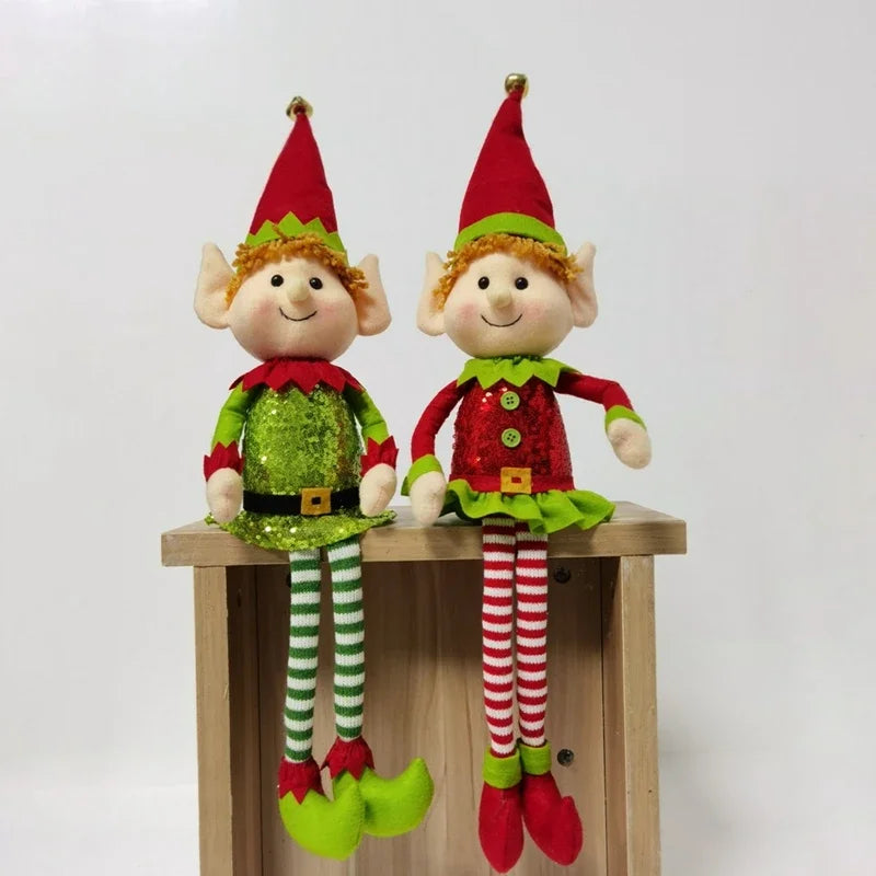 SCEINRET Christmas Elf Doll Stripe Print Plush Doll with Santa Hat and Booties Funny Figurine Decorations