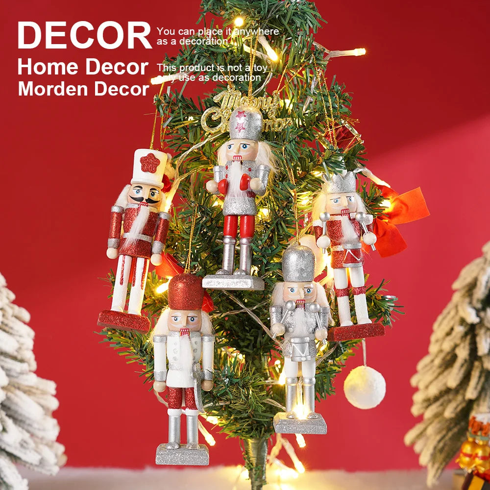 5Pcs/Set Christmas Nutcracker Soldier Puppet Wooden Handicraft Christmas Tree Pendant Desktop Ornament New Year Home Decoration