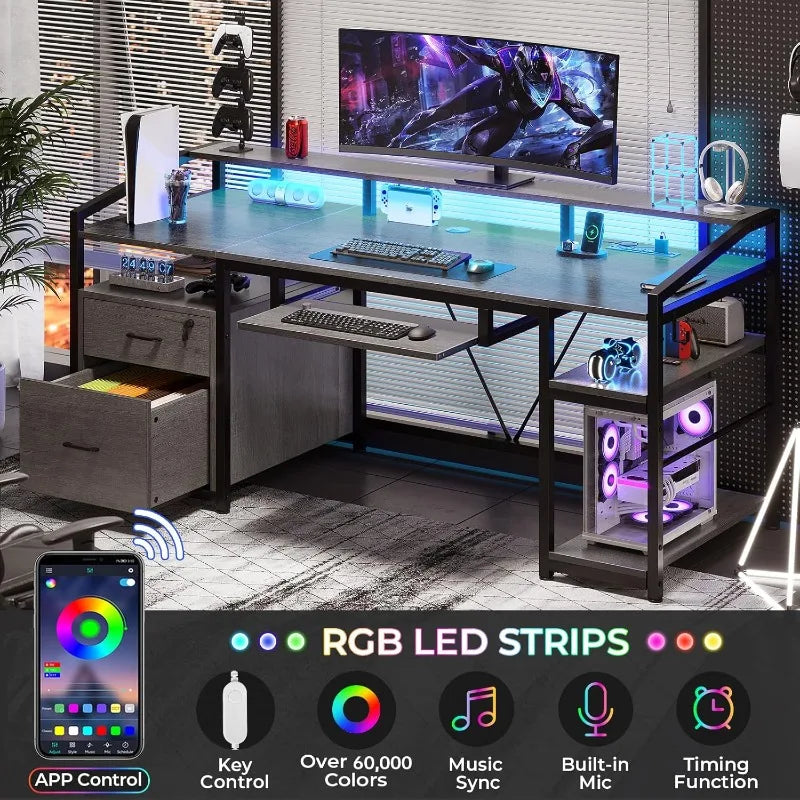 SEDETA 63" Computer Desk, Office Desk with Lockable Drawers for Legal/Letter File,Gaming Desk with LED Lights&Power Outlet, Grey