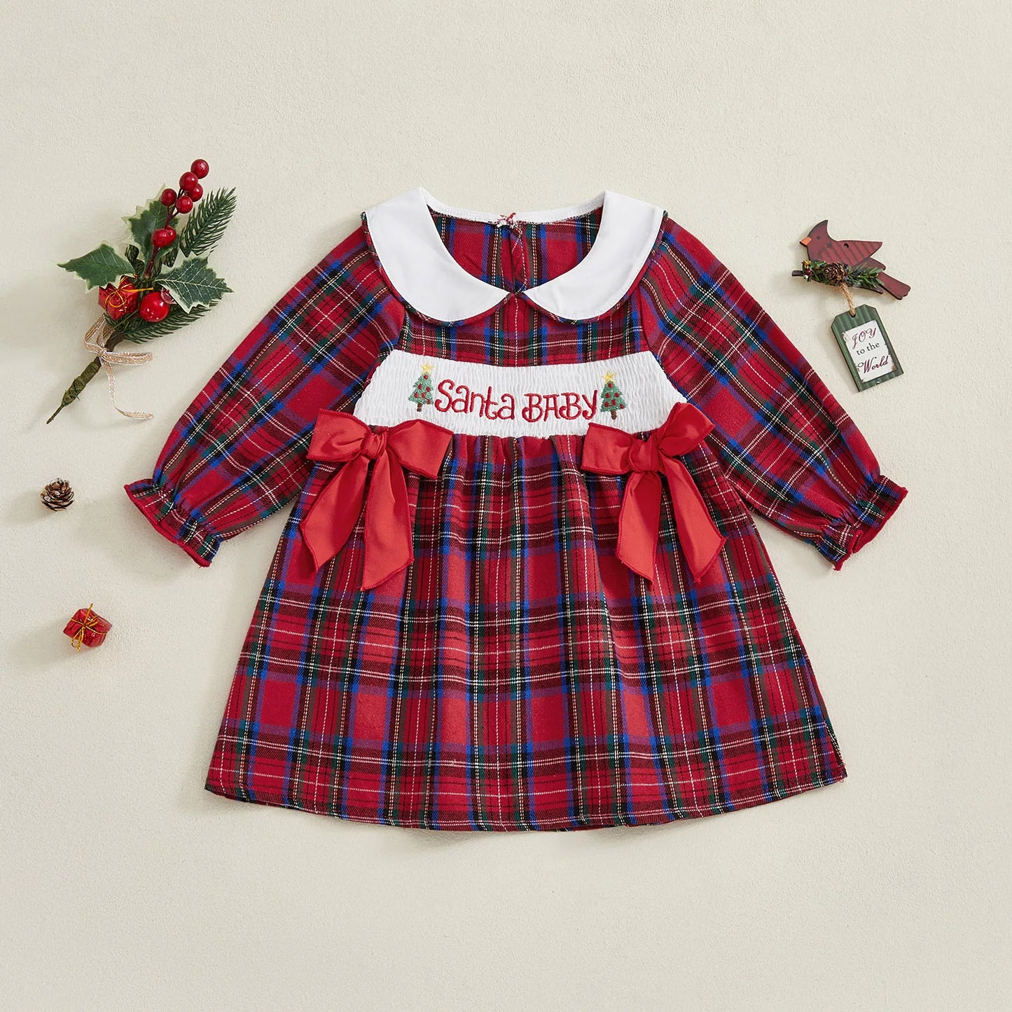 Winter Christmas Kids Toddler Baby Girl Dress Plaid Tree Collar Long Sleeve A-line Dress Bows Fall Xmas Clothes