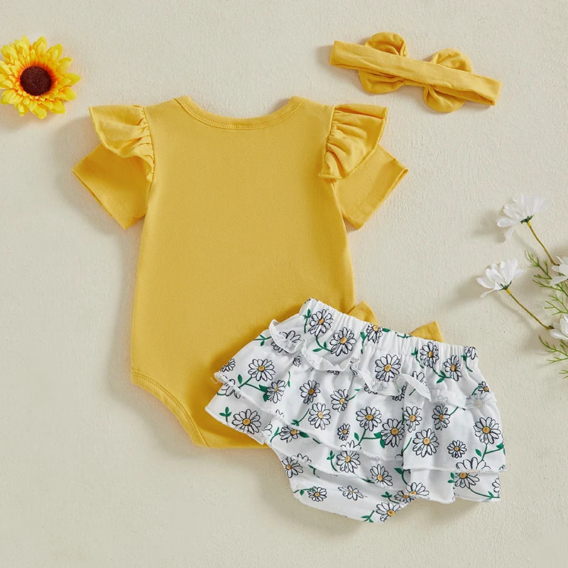 Toddler Girl Floral Print Sleeveless Romper with Matching Headband and Ruffled Shorts 3 Piece Summer Outfit Set
