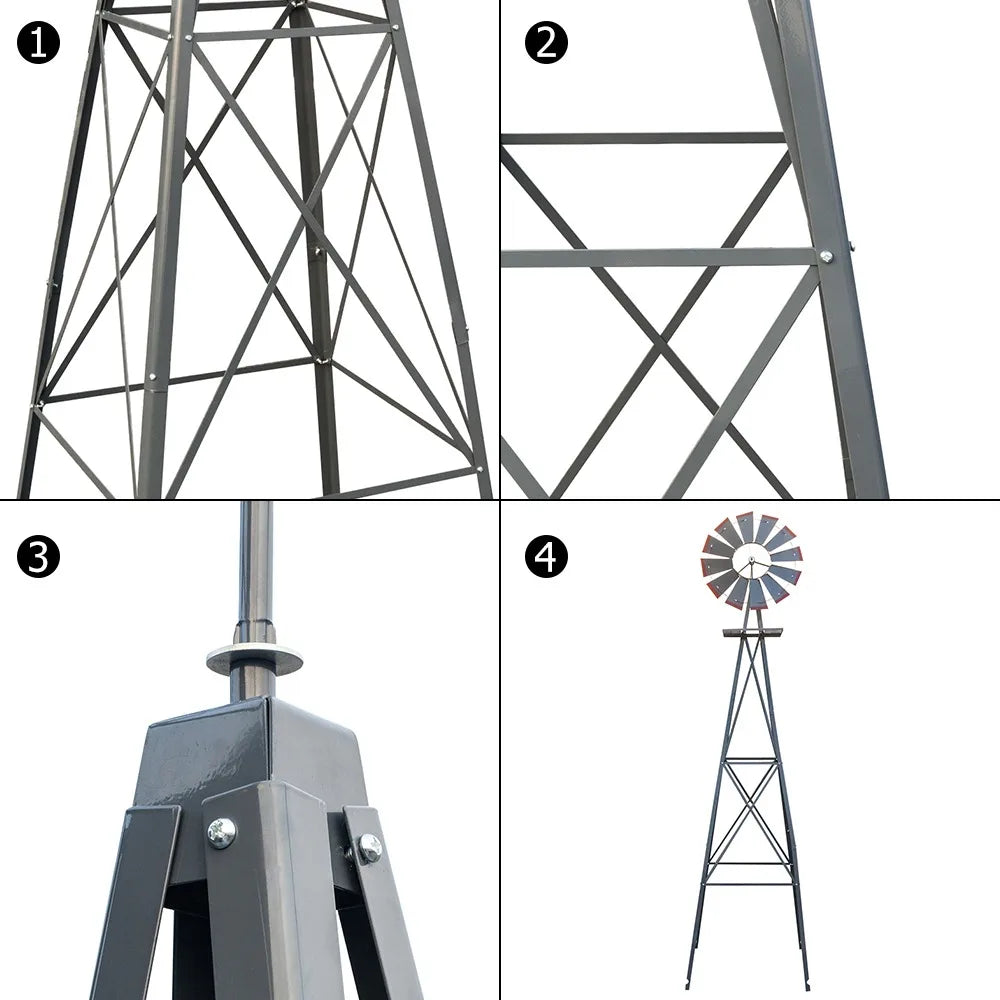 8FT Weather Resistant Yard Garden Windmill Gray & Red Garden Decoration Outdoor Patio Decoration