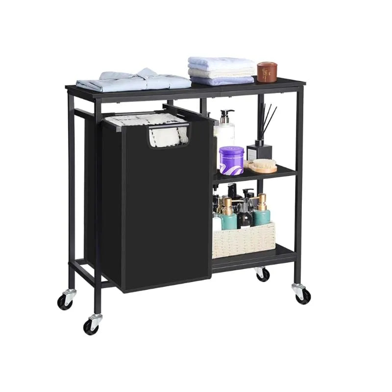 Pull-Out Laundry Basket with Shelf and three Shelf,Laundry Basket Organizer Section with Removable Laundry Bags for clothes