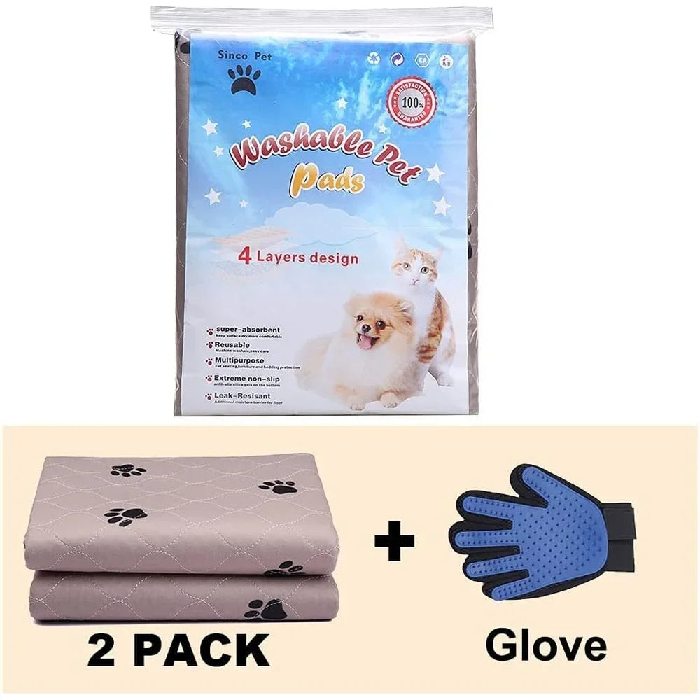 Washable Dog Pee Pads with Puppy Grooming Gloves Reusable Pet Training Pads Waterproof Absorbent Anti-Slip Floor Protection