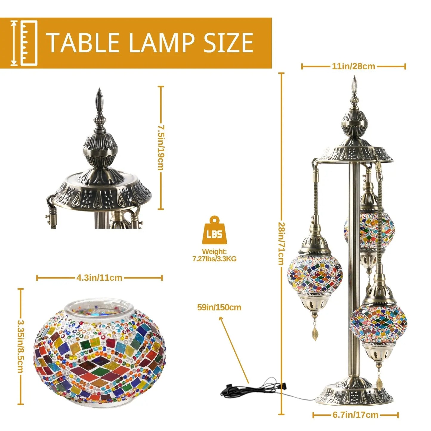 Turkish Mosaic Table Lamp - 3 Globe Handmade Glass Lampshades, Metal Base Mood Lighting for Bedroom Living Room, Home Decor